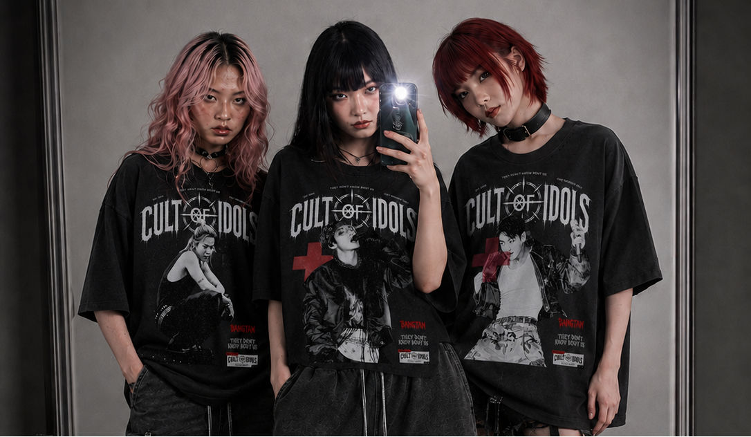 Three individuals wearing 'Cult of Idols' t-shirts in front of a mirror.